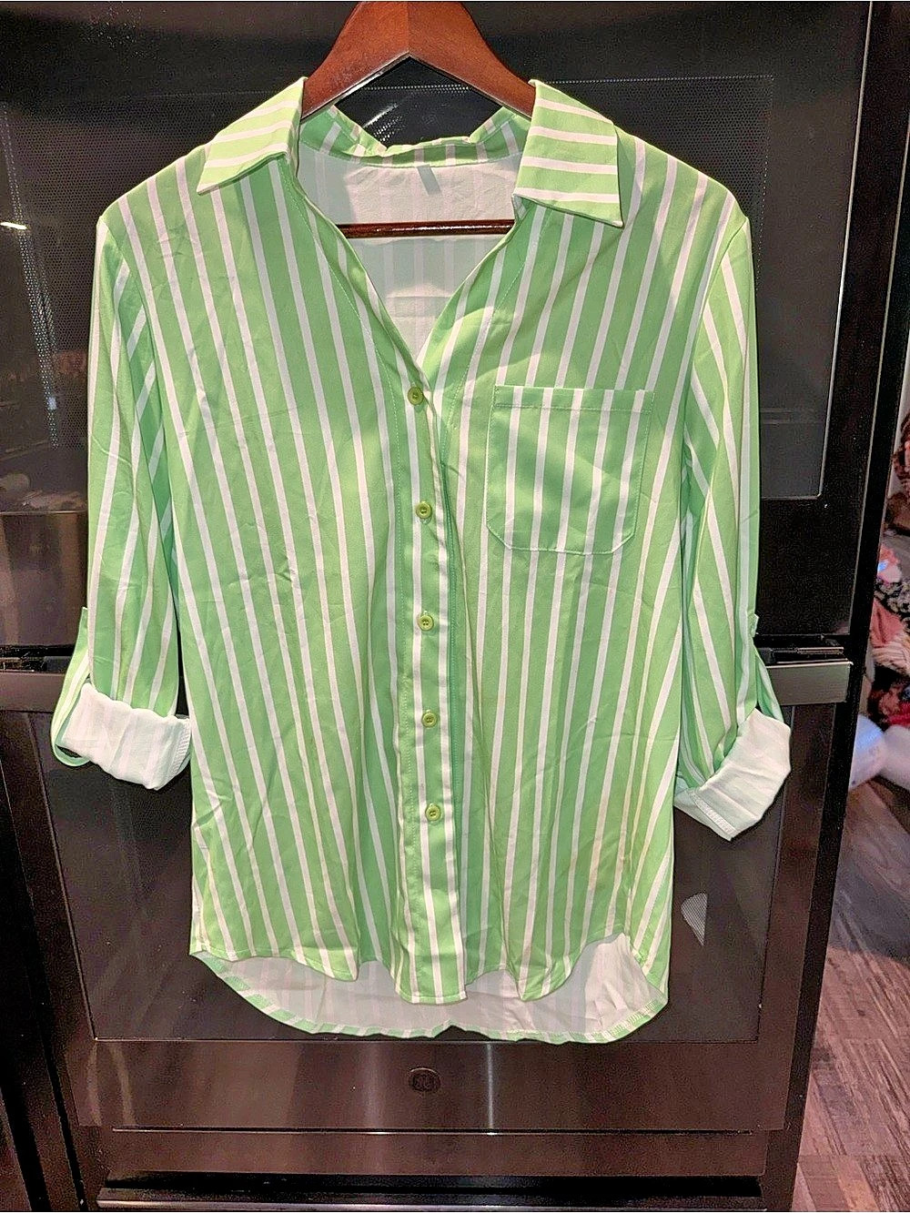 Women’s Striped Button Down Shirt in Green & White